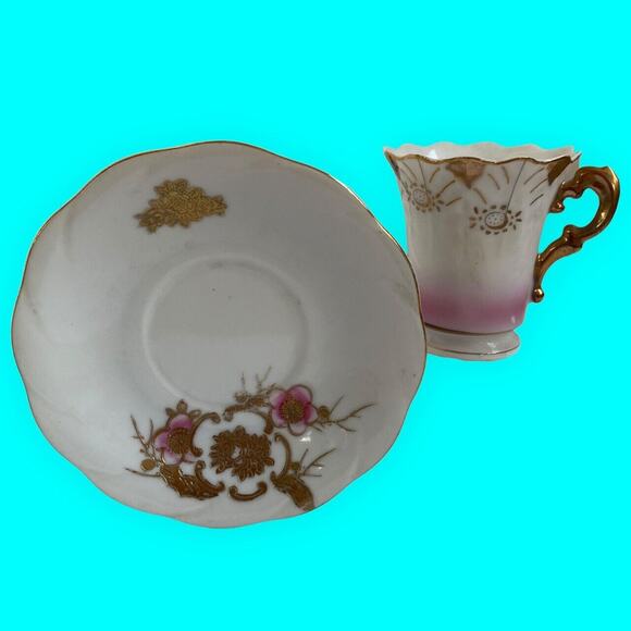 Occupied Japan Demitasse Cup & Japanese Saucer Hand Painted Pink and Gold - Picture 5 of 11